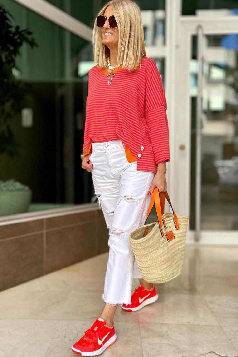 Tomato Red Two Tone Striped Side Buttons Drop Shoulder Top