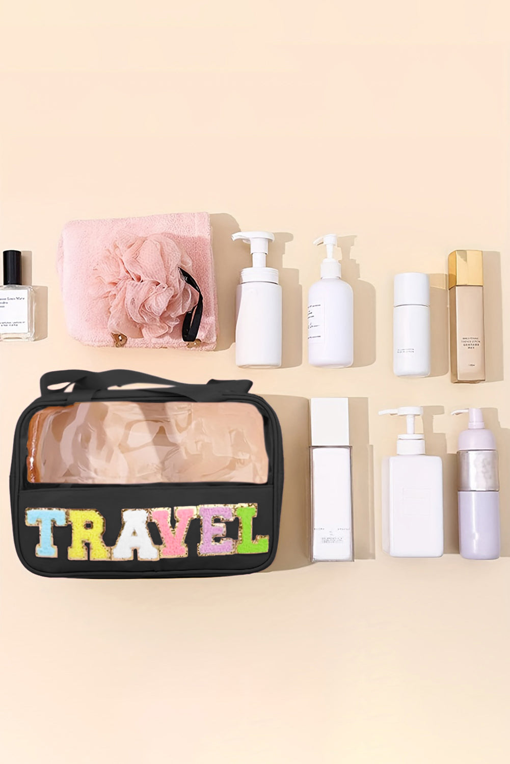 Black TRAVEL Chenille Letter Clear PVC Makeup Bag