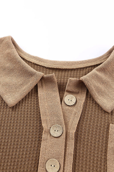 Brown Waffle Knit Buttoned Long Sleeve Top