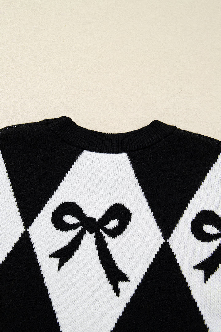 Black Bow Print 2-tone Rhombus Knit Loose Sweater