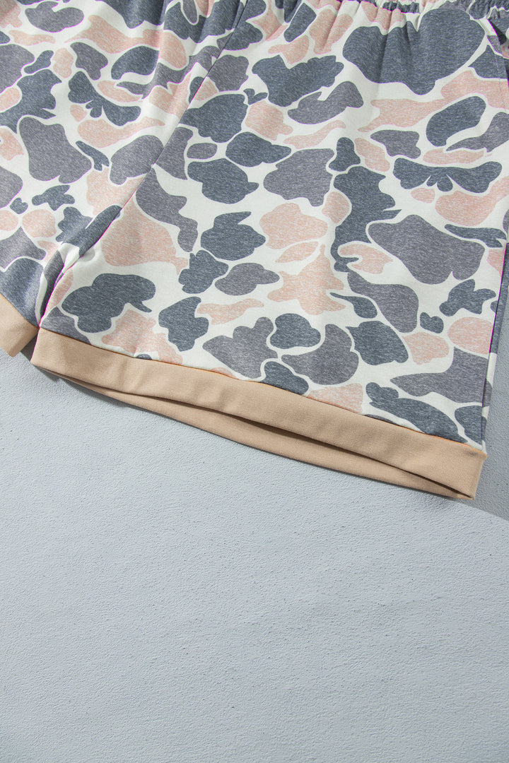 Multicolour Camouflage Print Round Neck Drop Shoulder Pullover Plus Size Shorts Set