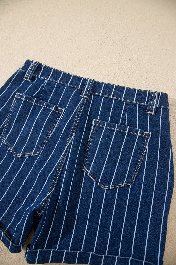 Blue Stripe Metal Button Detail Womens Denim Shorts