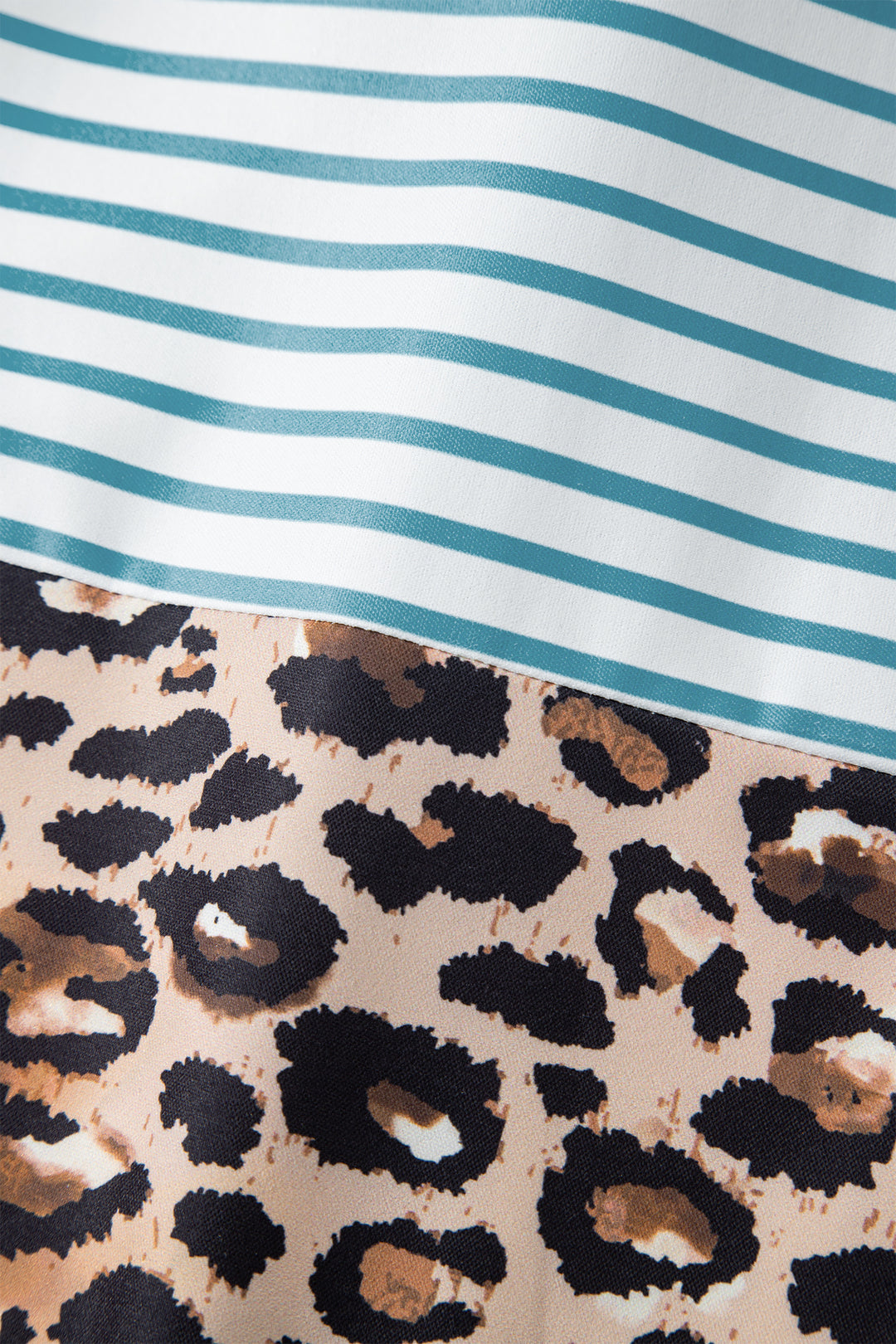 Sky Blue Stripe Contrast Leopard Patchwork Long Shirt Dress with Slits