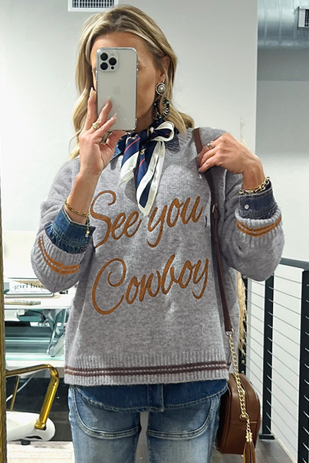 Light Grey See You Cowboy Embroidered Western Graphic Sweater