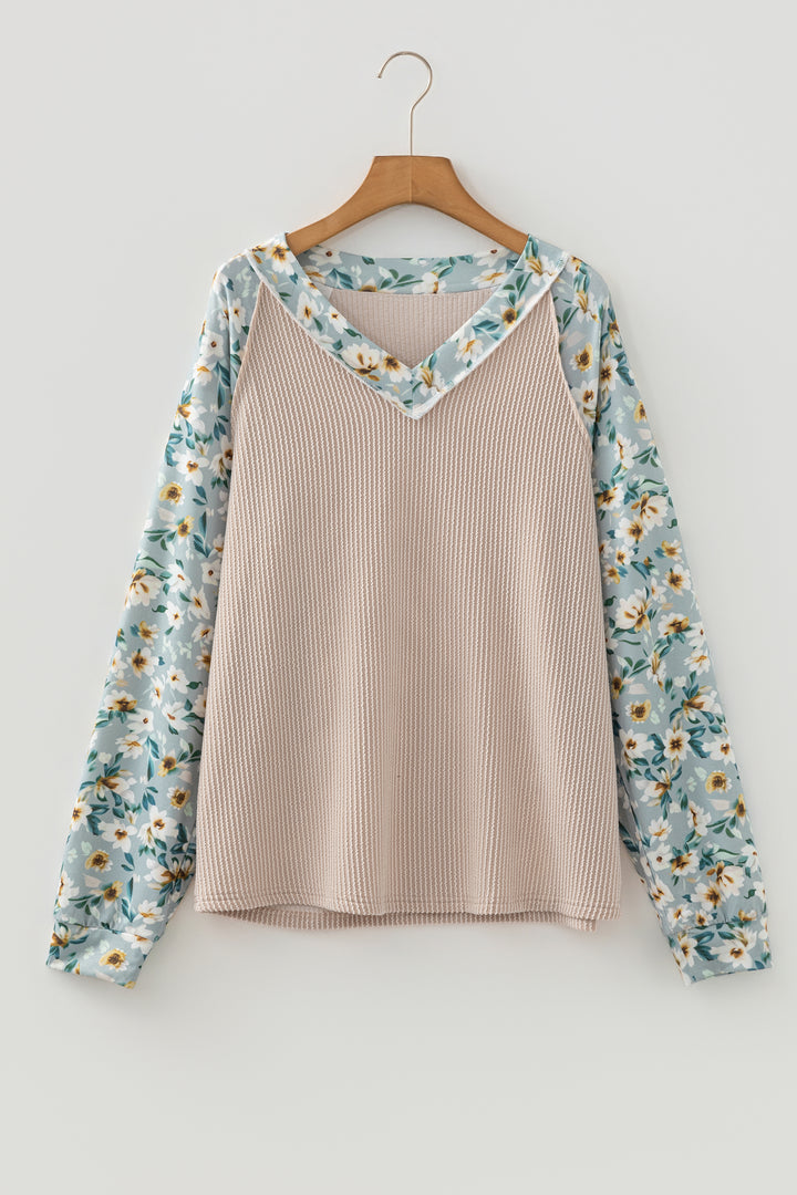 Parchment Twist Ribbed Floral Contrast Patchwork Long Sleeve Top