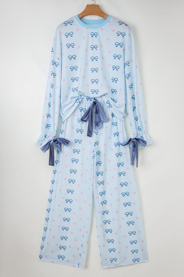 Sky Blue Stripe Bow Star Print Tied Detail 2pcs Lounge Set