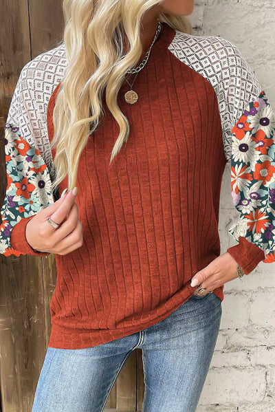 Cinnamon Floral Patchwork Long Sleeve Ribbed Blouse