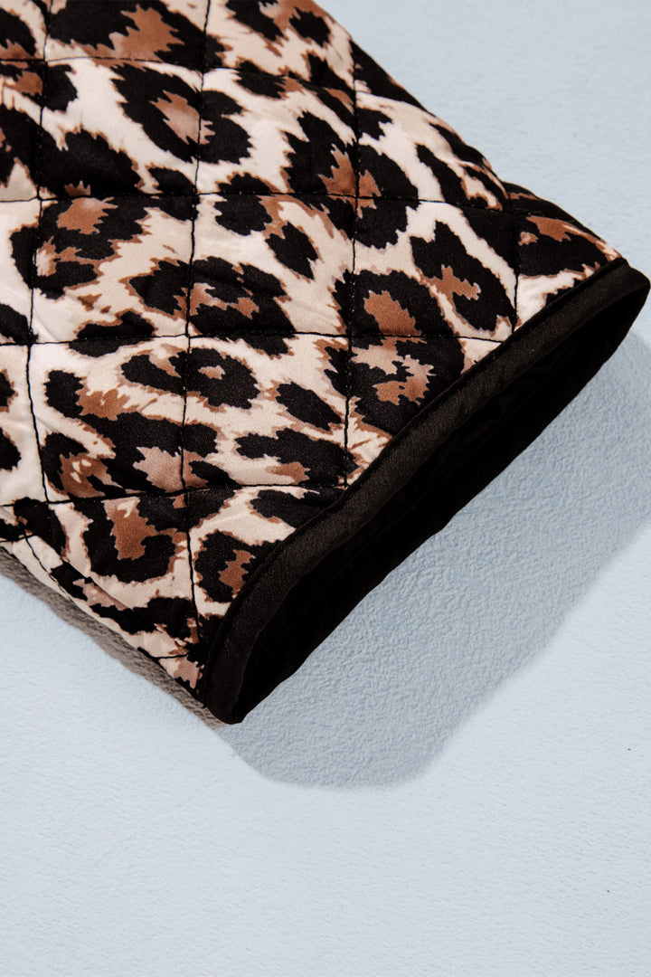 Brown Leopard Print Quilted Button Front Patch Pockets Jacket