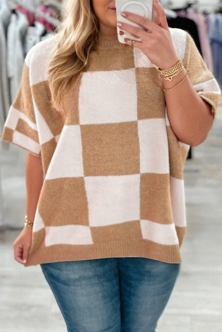 Light French Beige Plus Size Checkered Pattern Knit Short Sleeve Sweater