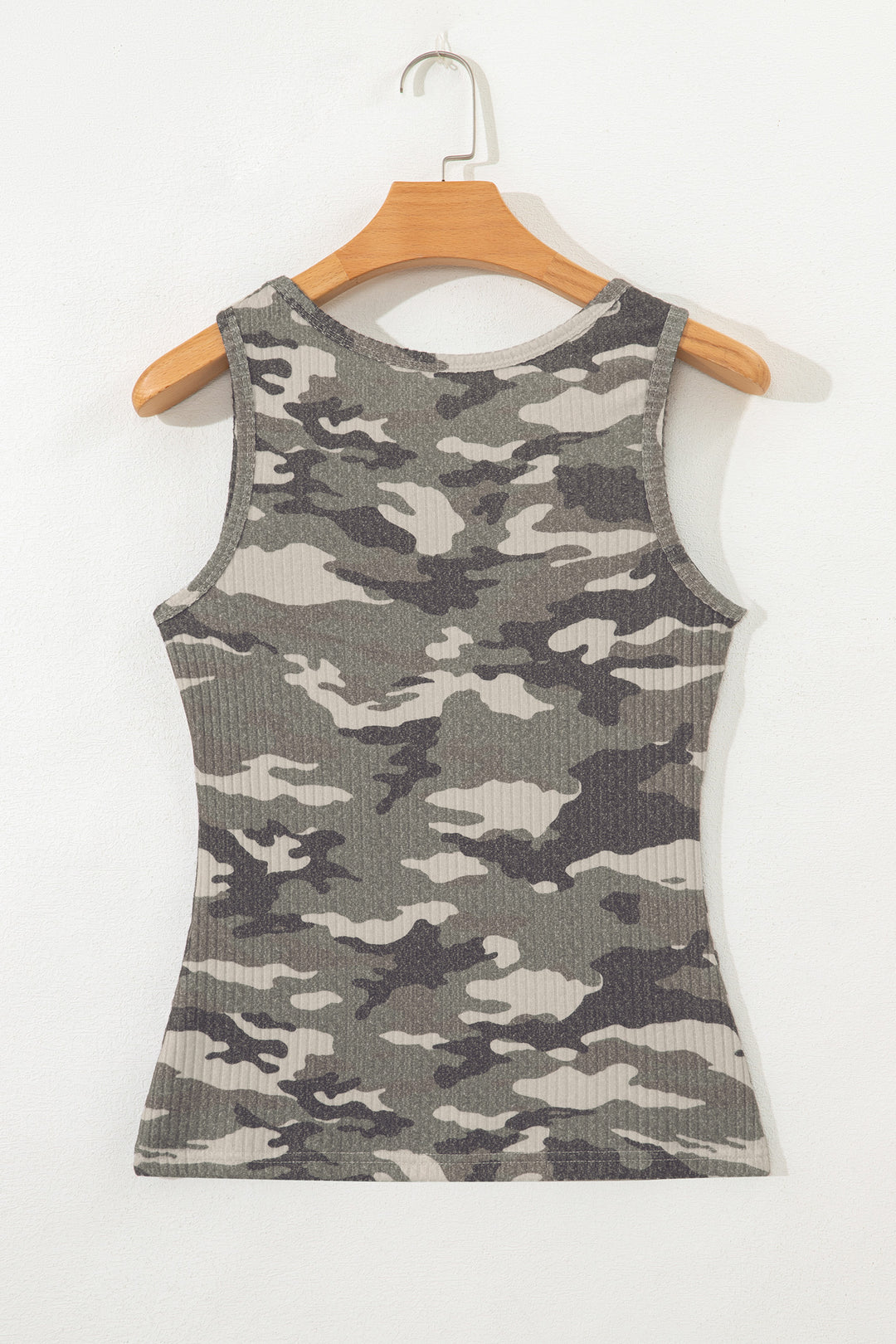 Green Camouflage Print Ribbed Knit Round Neck Tank Top