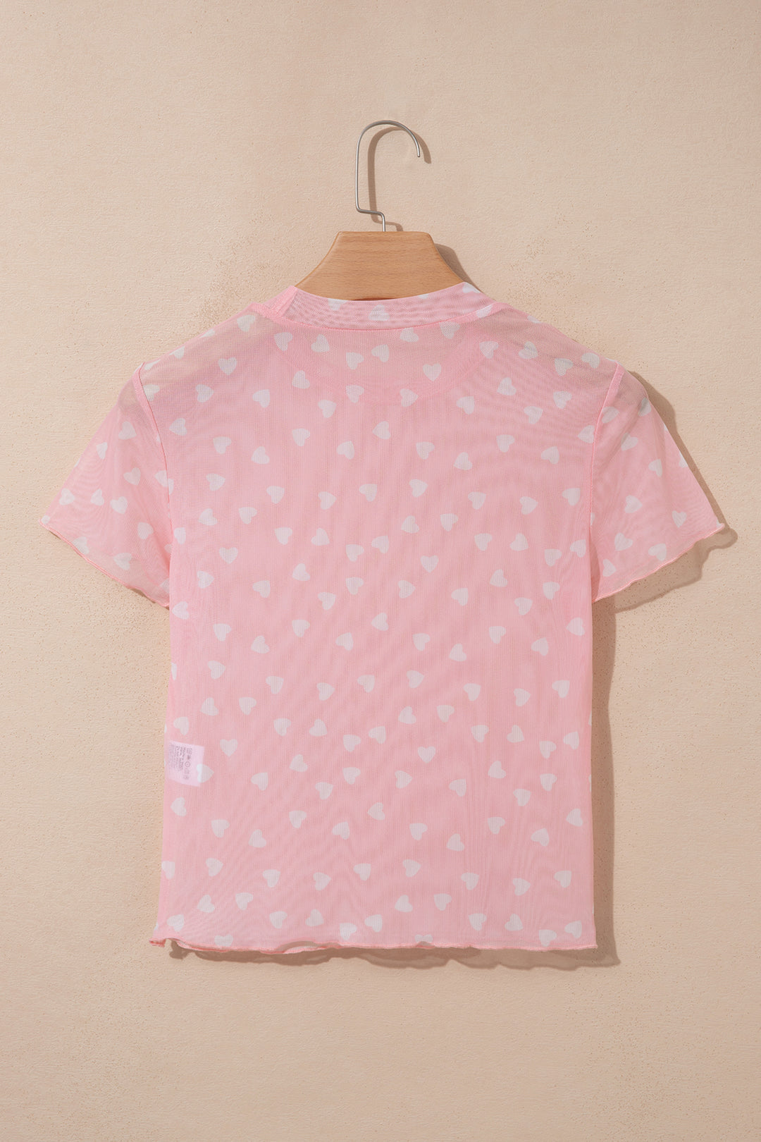 Pink Allover Heart Print Mesh Short Sleeve Top