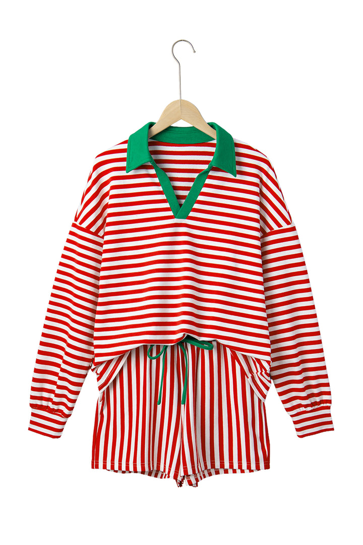 Red Stripe Colorblock Trim Polo Collar Drawstring Elastic Waist Band Casual 2pcs Outfit
