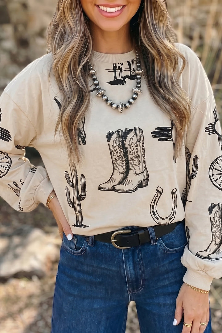 Khaki Western Print Long Sleeve Round Neck Loose Top