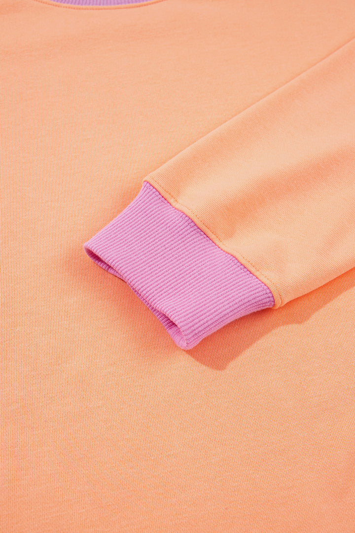 Pink Colorblock Trim Crewneck Long Sleeve Pullover Sweatshirt