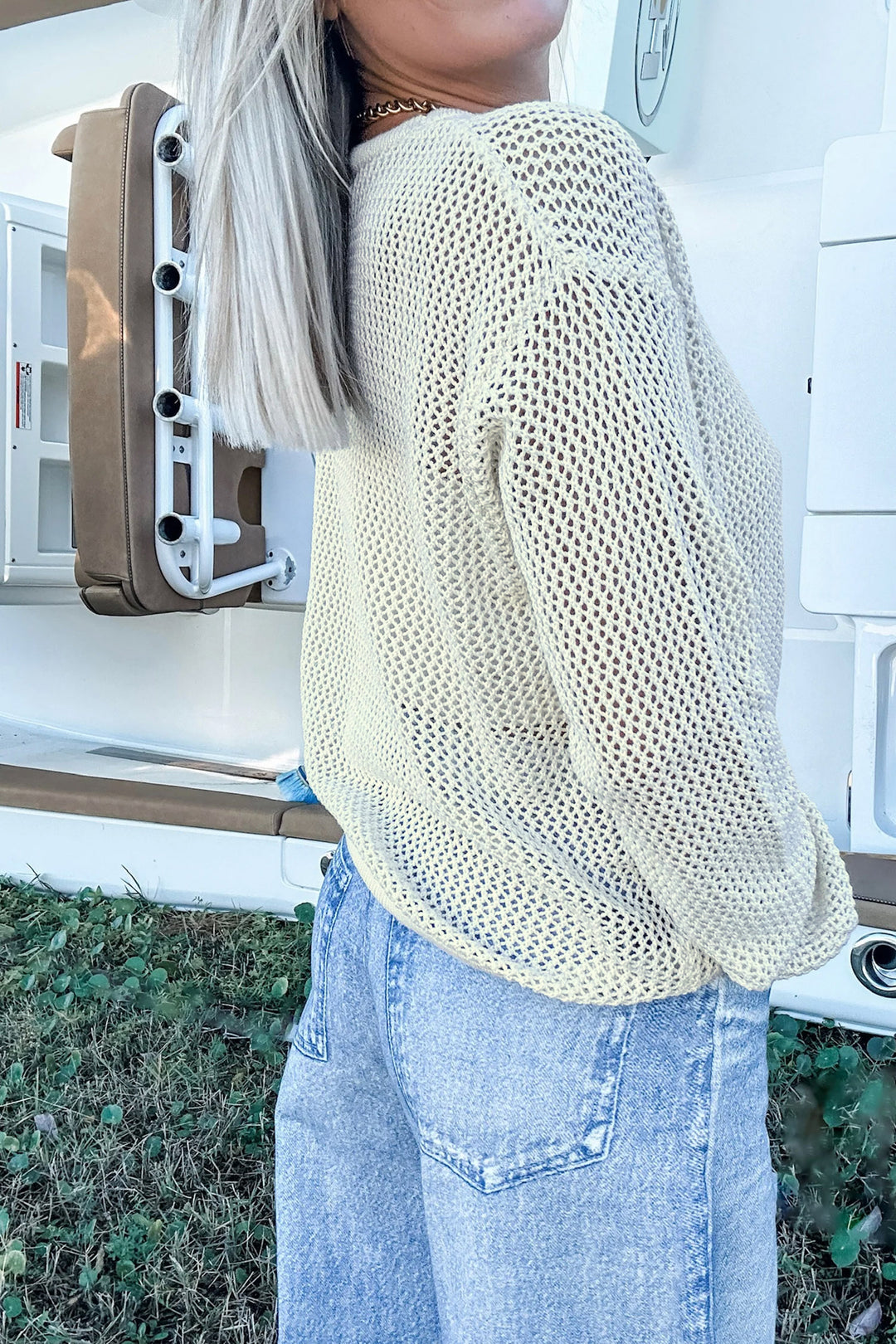 White Open Knit Fish Embroidered Casual Sweater