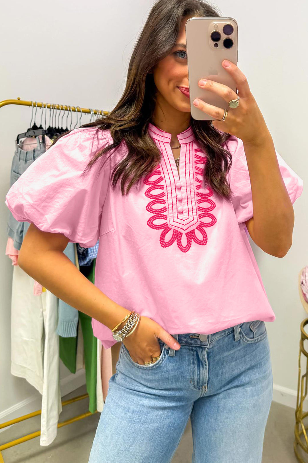 Pink Boho Embroidered Detail Puff Sleeve Cotton Blouse