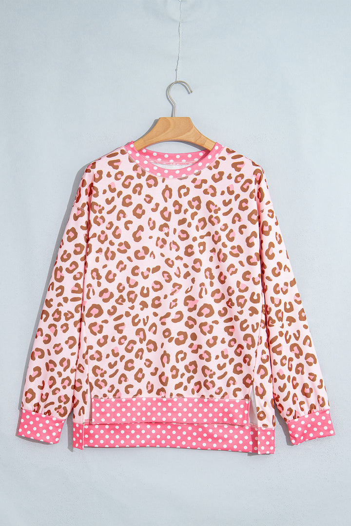 Khaki Leopard Polka Dot Colorblock Trim Long Sleeve Top