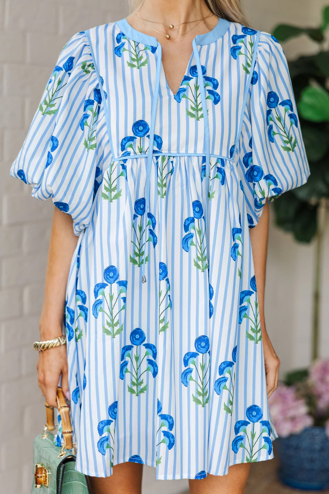 Sky Blue Floral Striped Print Tie Notched Neck Puff Sleeve Flared Mini Dress