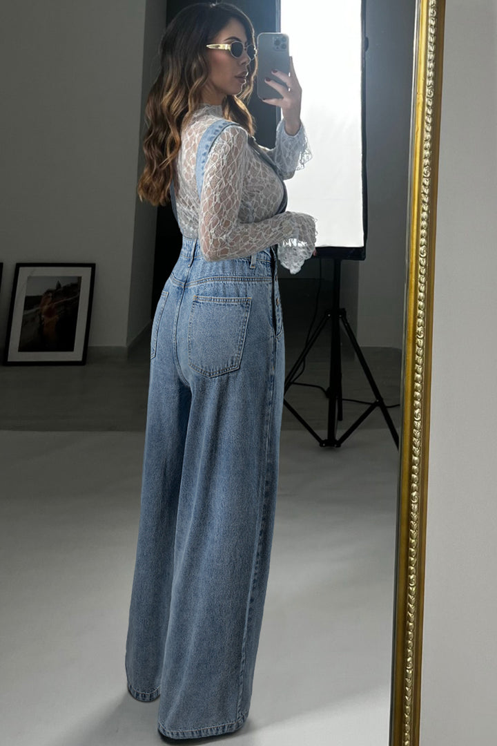 Dusk Blue Pleated Wide Leg Retro Pocketed Denim Jumpsuit