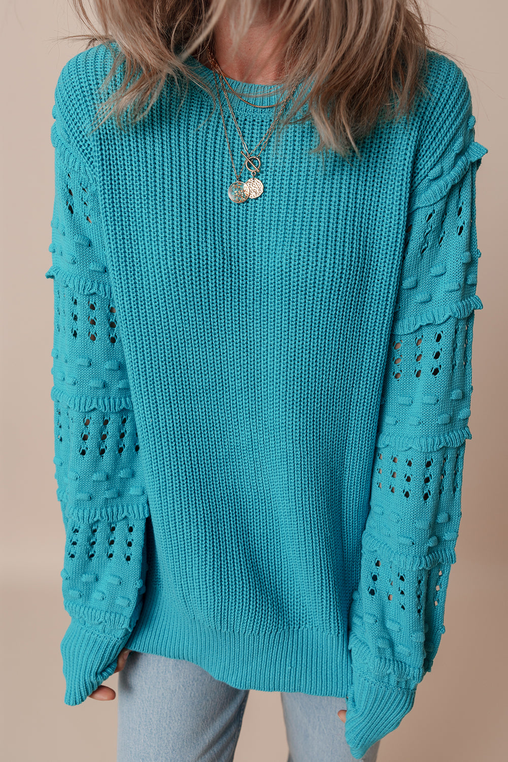 Turquoise Ruffled Eyelet Bubble Sleeve Sweater