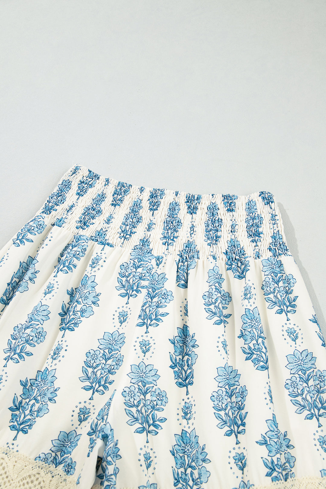 Sky Blue Floral Print Lace Patchwork Detail Wide Leg Pants