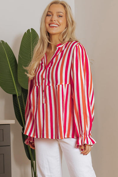 Orange Stripe Balloon Sleeve Notched V Neck Buttoned Front Blouse