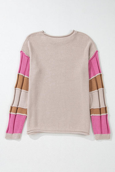 Simply Taupe Colorblock Exposed Seam Round Neck Sweater