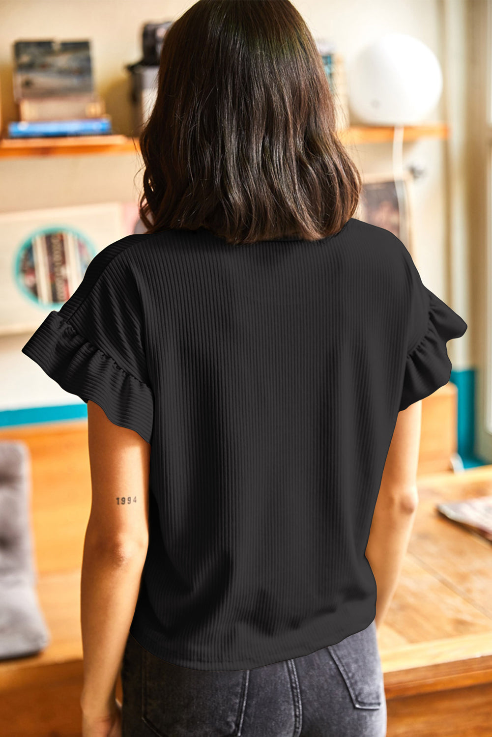 Jungle Green Solid Color Ribbed Ruffled Short Sleeve T Shirt