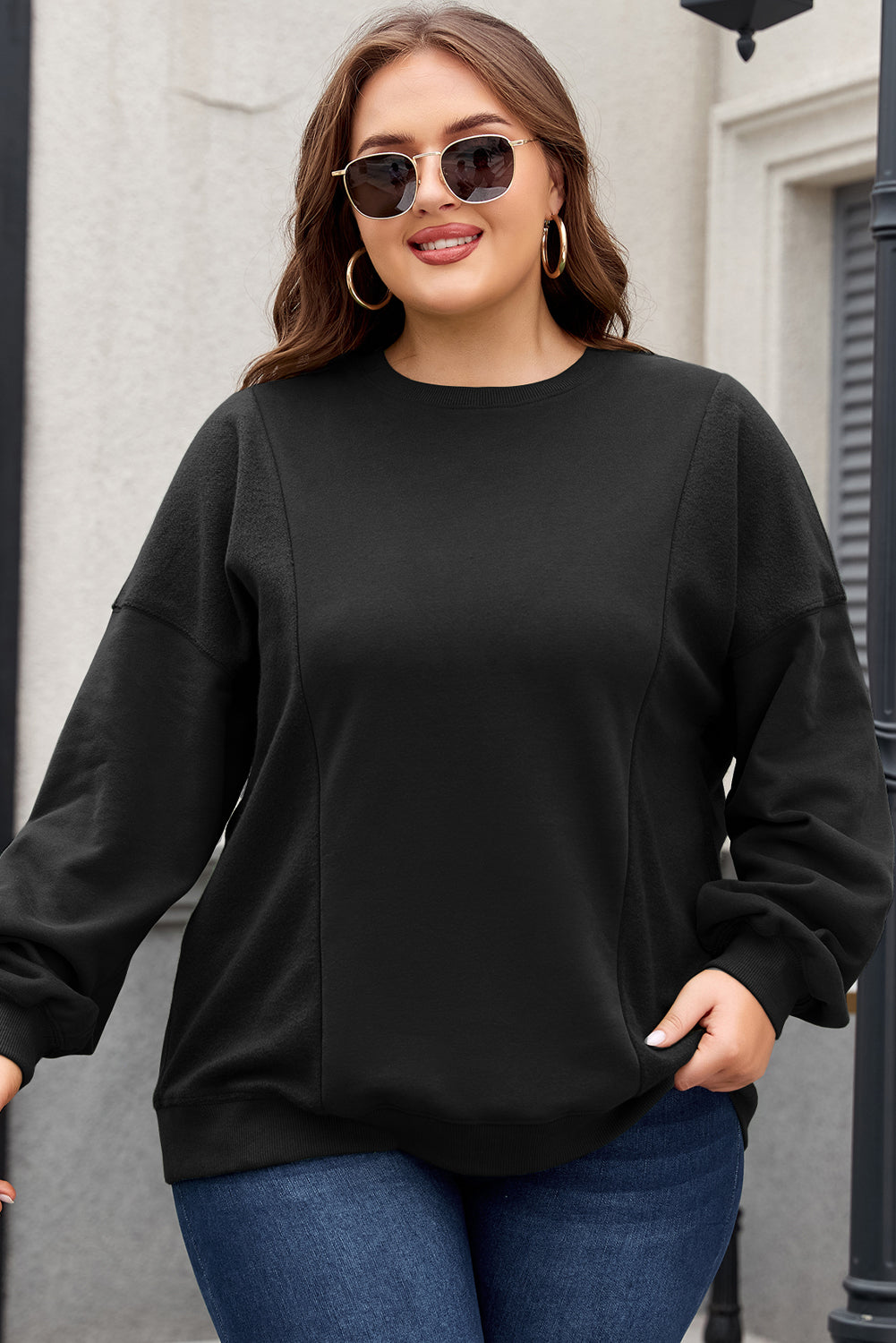 Black Loose Patchwork Crewneck Plus Size Sweatshirt