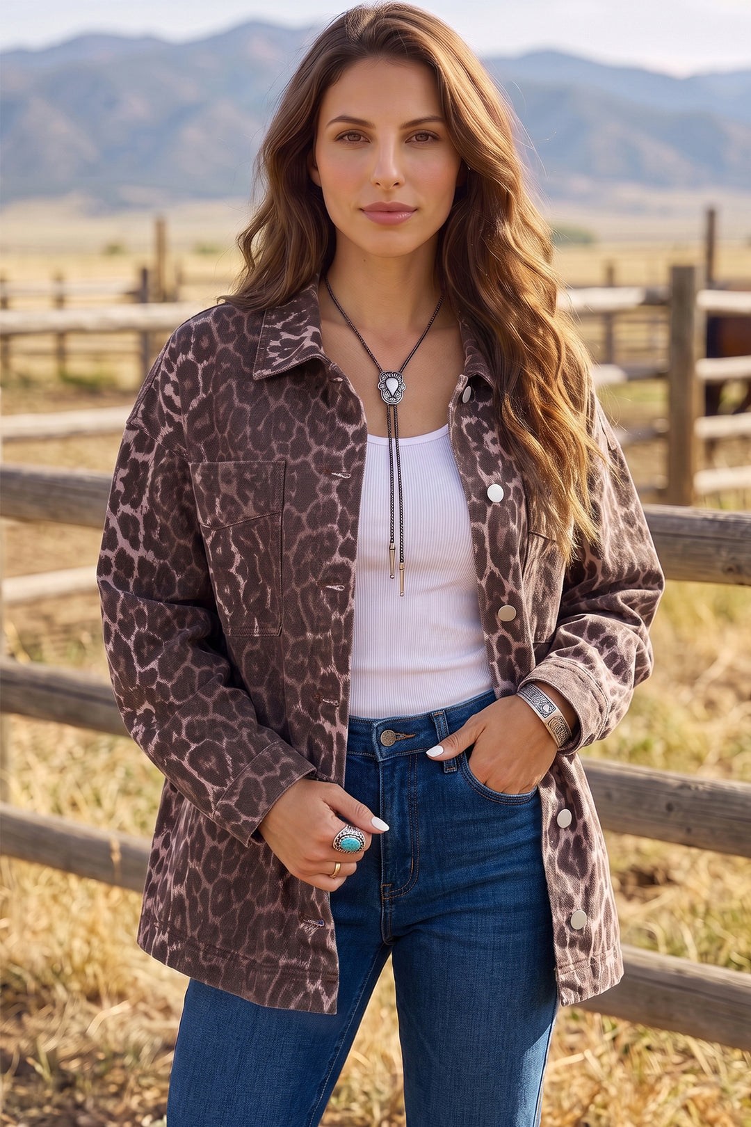Khaki Oversized Leopard Print Long Sleeve Patch Pocket Denim Jacket