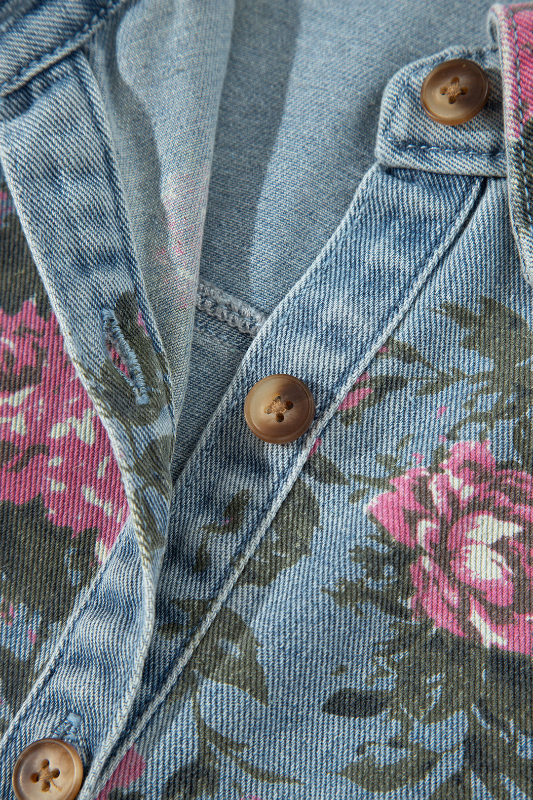 Sky Blue Floral Print Raw Seam Ruffle Hem Denim Jacket