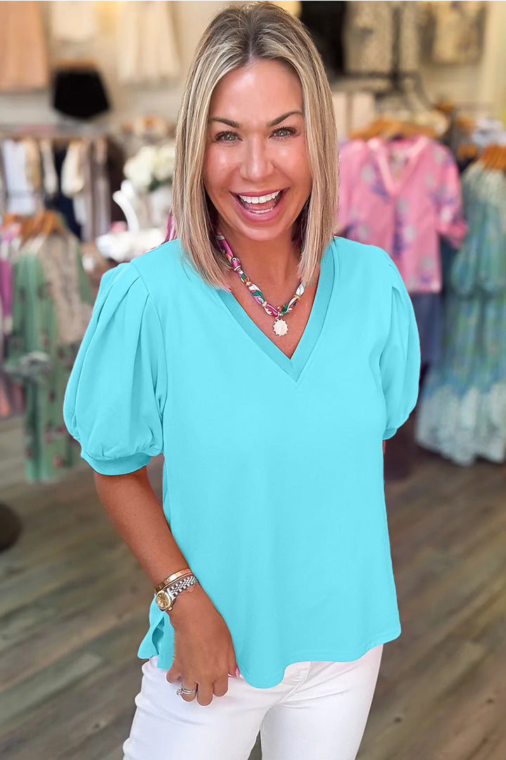 Mint Green Solid Color V Neck Short Puff Sleeve Blouse