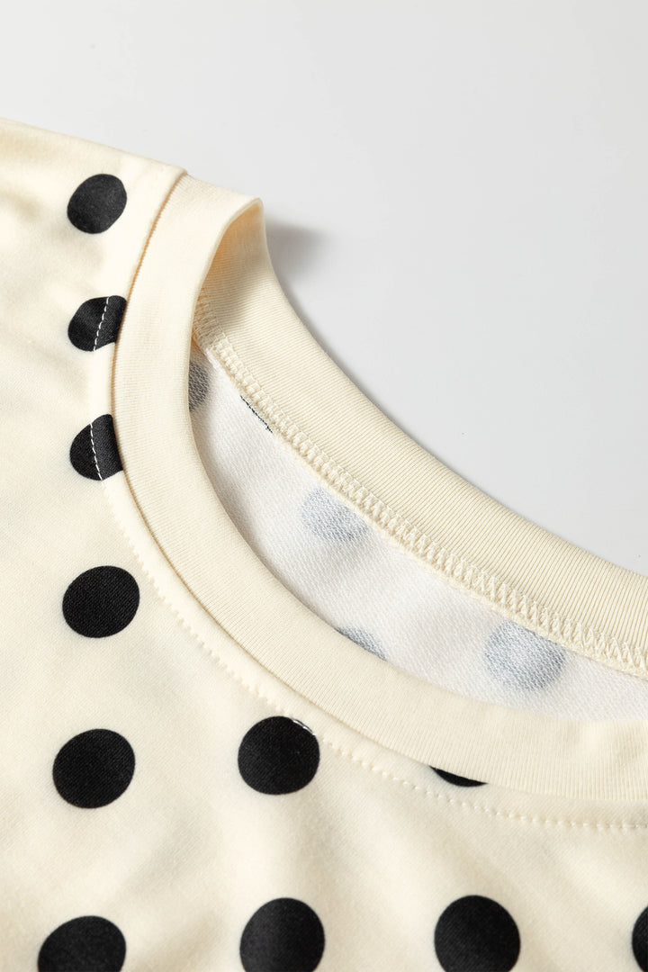 Beige Polka Dot Oversized Top Drawstring Short Set