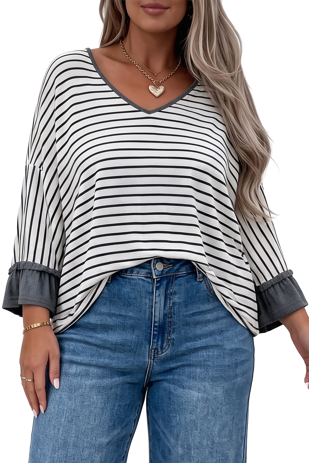 Gray Stripe Ruffled Bracelet Sleeve V Neck Plus Size Top