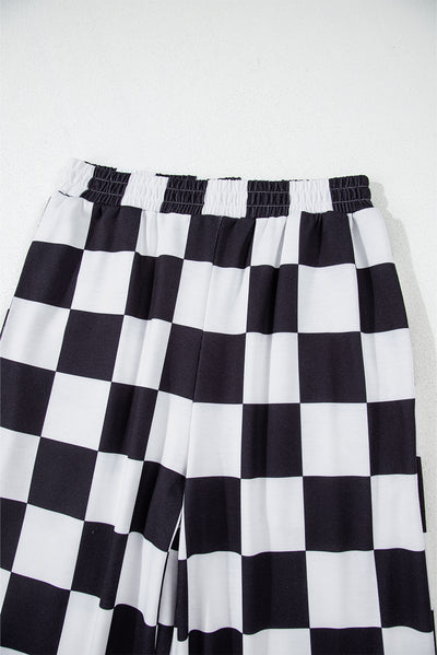 Black Checkerboard Elastic Waist Pocketed Joggers