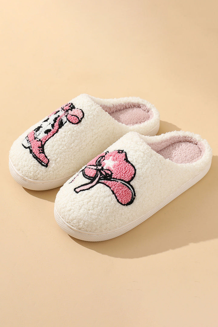 White Cowgirl Hat &amp; Boot Printed Plush Thermal Home Slippers