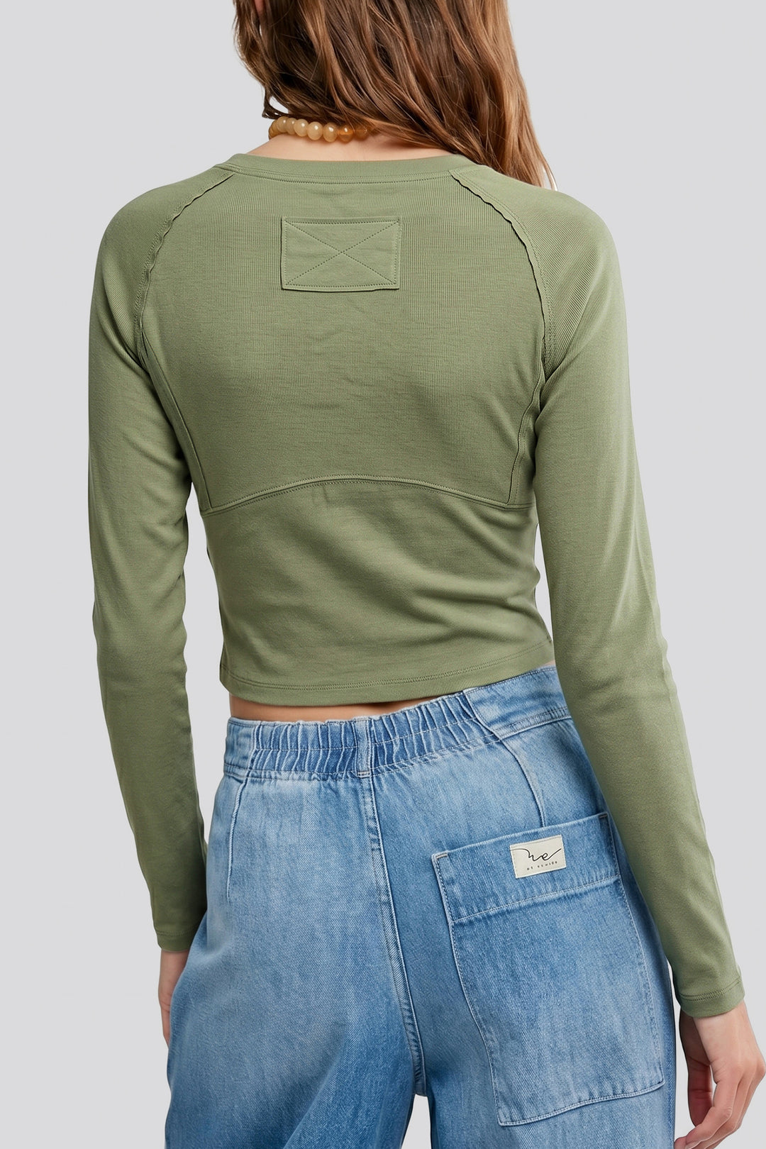 Guacamole Green Round Neck Paneling Long Sleeve Top