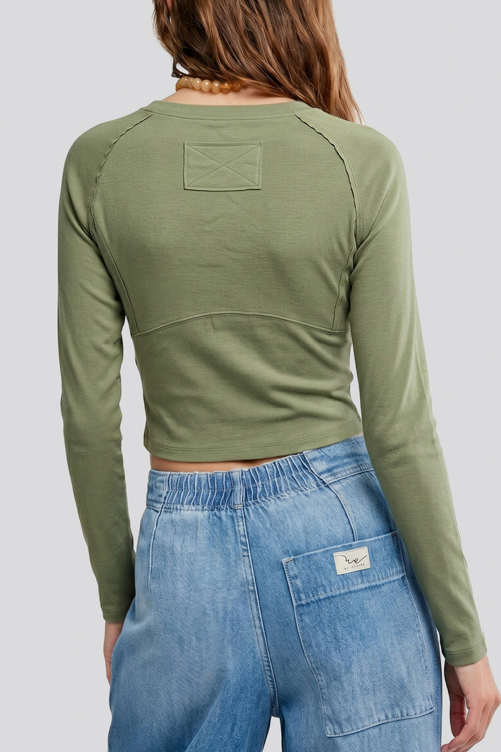 Guacamole Green Round Neck Paneling Long Sleeve Top