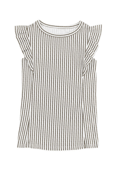 Gray Crew Neck Ruffled Striped Tank Top