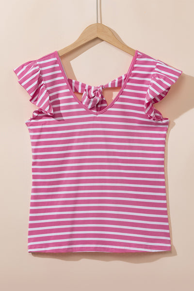 Pink Stripe Butterfly Sleeve V Neck Hollowed Knot Back T Shirt