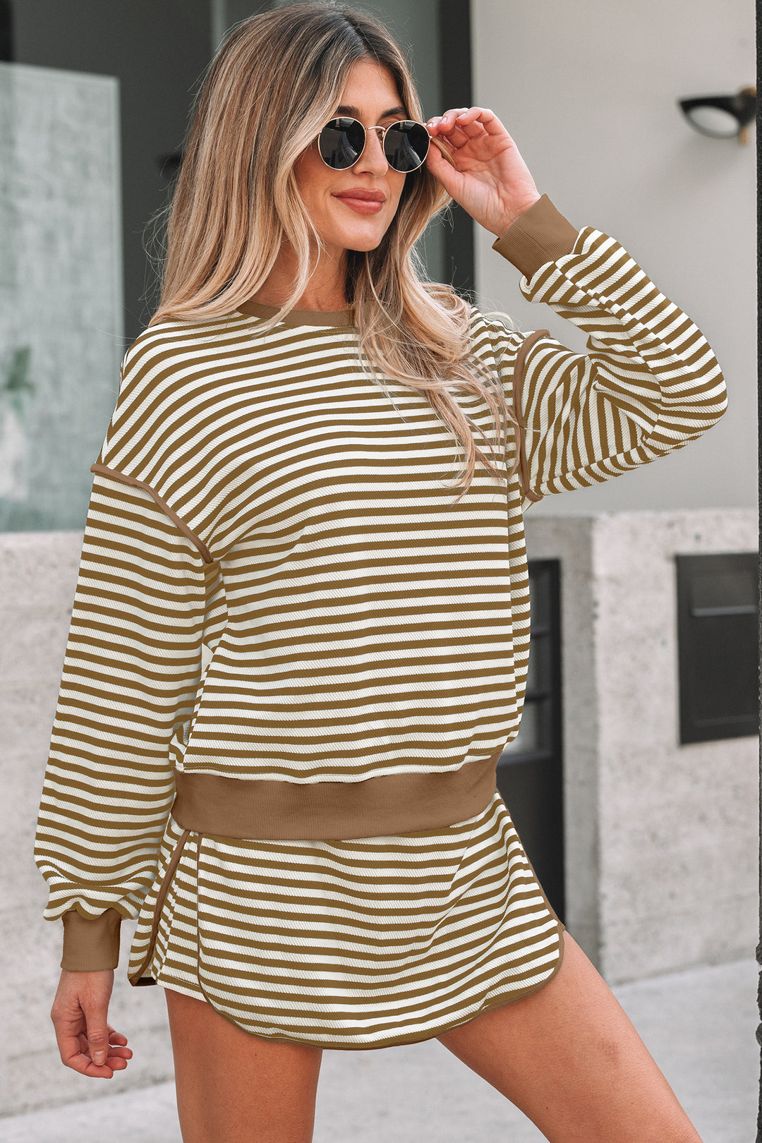 Black Stripe Textured Drop Shoulder Pullover Top Drawstring Mini Skirt Two Piece Dress Set