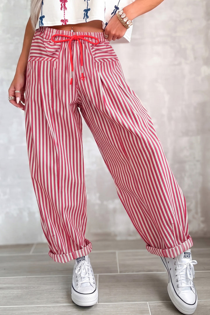Red Stripe Drawstring Casual Loose Pants