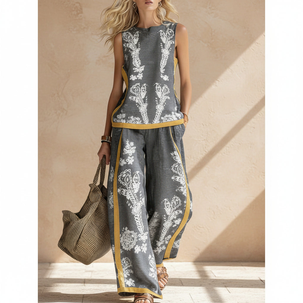 Printed Retro Sleeveless Top &amp; Wide-Leg Pants Set | 12 Prints S–5XL