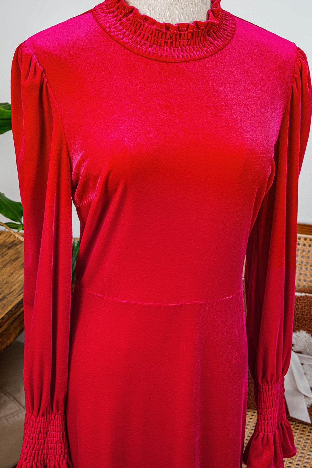 Racing Red Tinsel Buttoned Bishop Sleeve Surplice Neck Ruffled Mini Dress