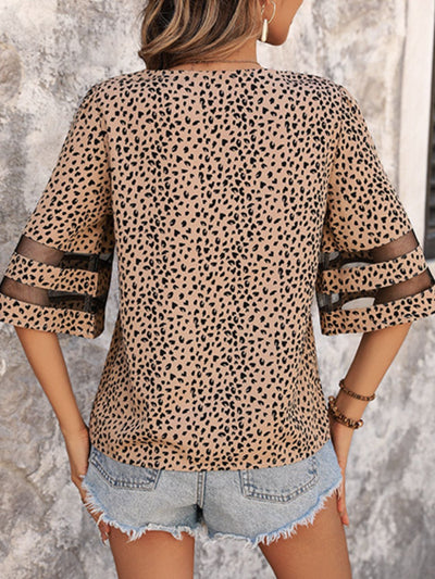 Perfee Printed V-Neck Half Sleeve Blouse