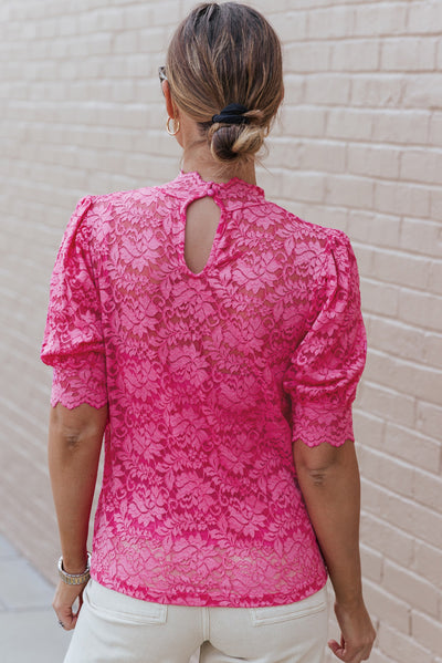 Pink High Neck Lace Short Sleeve Top