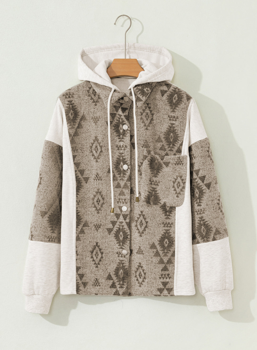 Gray Western Aztec Print Color Block Patchwork Drawstring Hooded Shacket