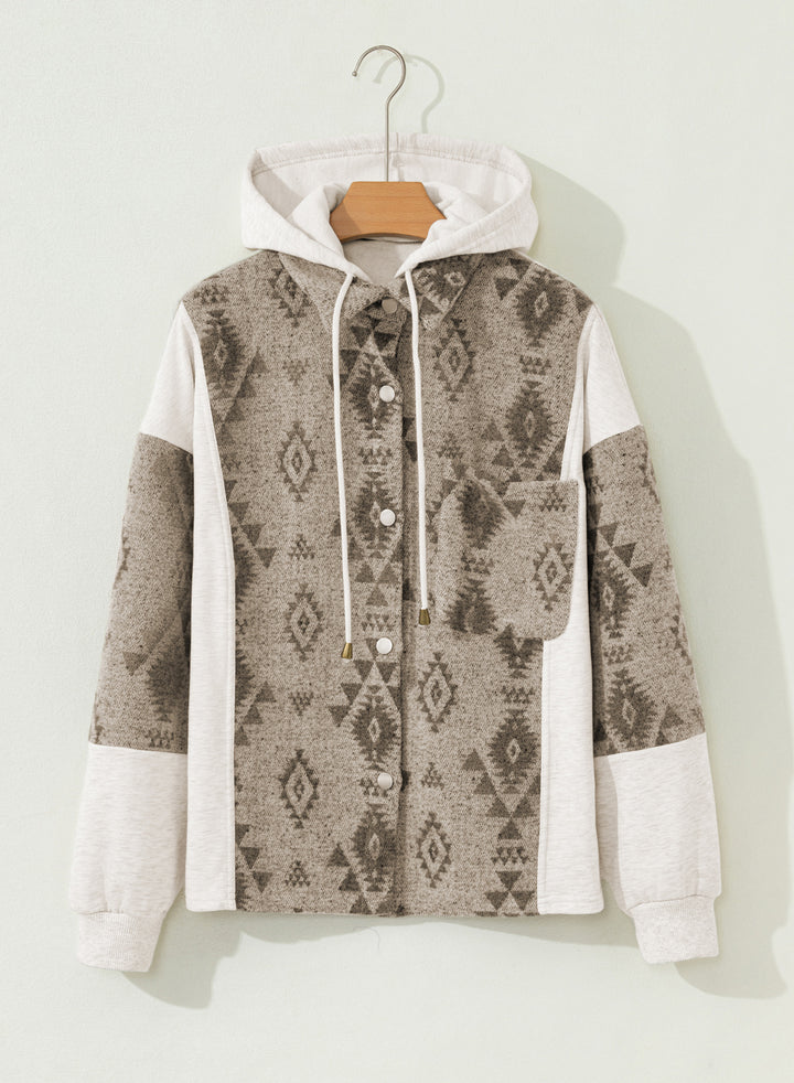 Gray Western Aztec Print Color Block Patchwork Drawstring Hooded Shacket