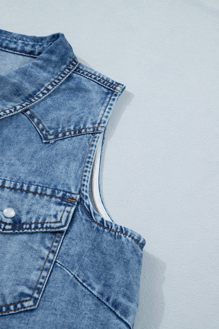 Dusk Blue Buttoned Front Collared Denim Sleeveless Top