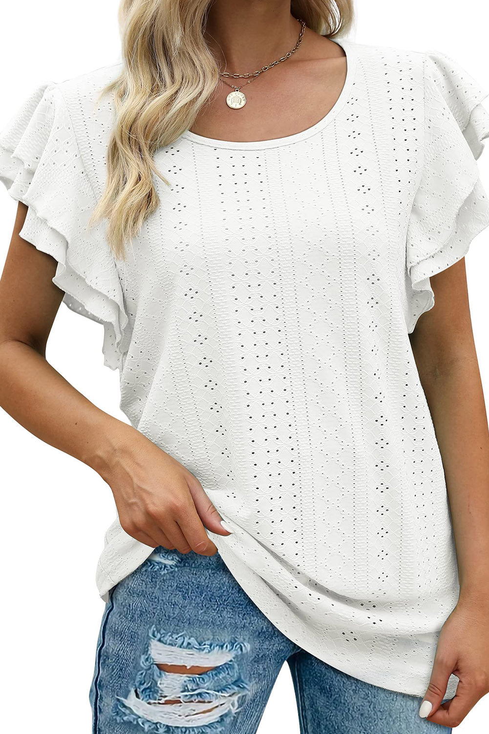 White Rhombus Textured Ruffle Short Sleeve Blouse